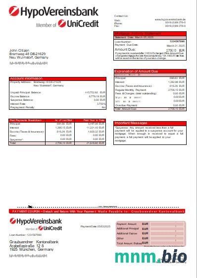 Niemcy Bank HypoVereinsbank wyciąg z kredytu hipotecznego szablon Word i PDF